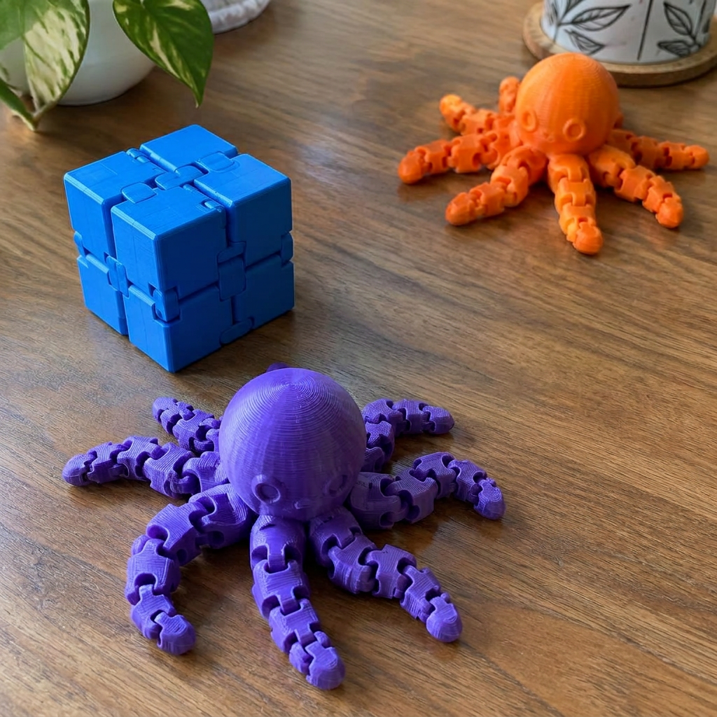 Verzameling 3D-geprinte fidget toys: infinity cube en twee articulatie-octopusjes in blauw, oranje en paars